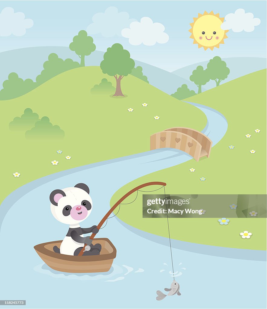 Cute kawaii panda fishing boat