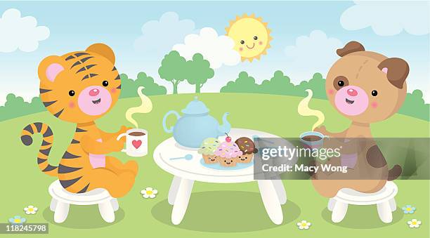 stockillustraties, clipart, cartoons en iconen met tea time cute kawaii animals - afternoon tea