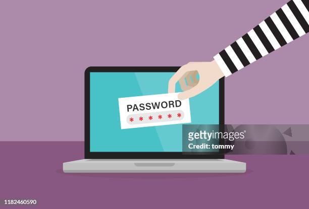 thief is stealing password on a laptop - identity theft stock illustrations
