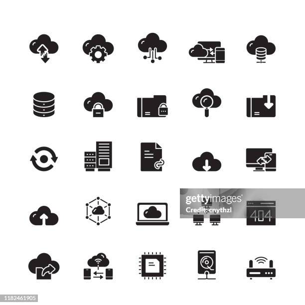 ilustraciones, imágenes clip art, dibujos animados e iconos de stock de iconos vectoriales relacionados con el alojamiento en la nube - network server