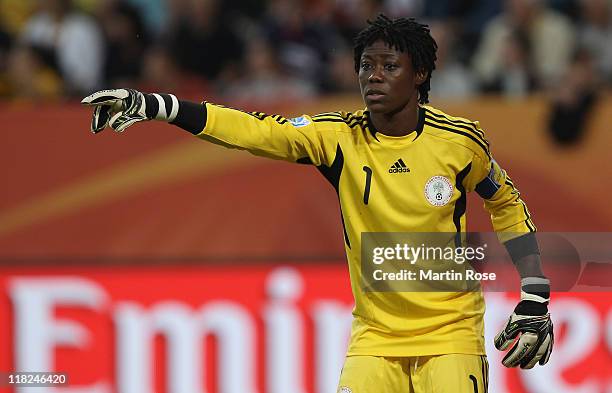 Precious Dede, goalkeeper of Nigeria gives instructions during the FIFA Women's World Cup 2011 Group A match between Canada and Nigeria at...