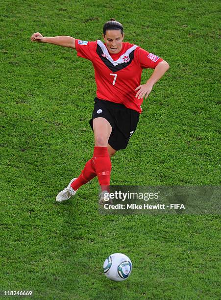 Rhian Wilkinson of Canada in action during the FIFA Women's World Cup 2011 Group A match between Canada and Nigeria at Rudolf Harbig Stadium on July...