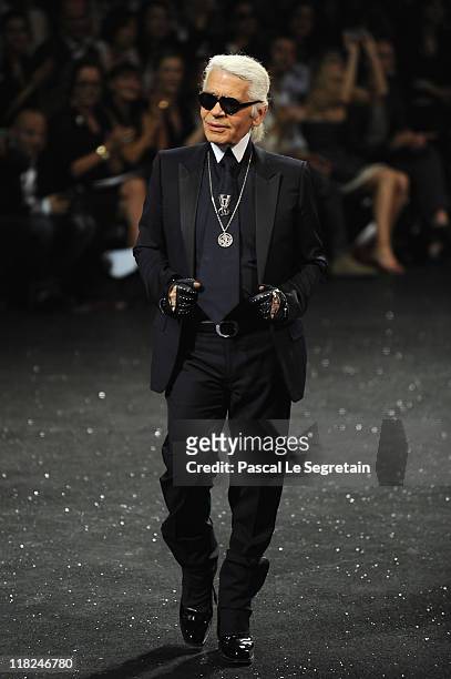 Karl Lagerfeld walks the runway during the Chanel Haute Couture Fall/Winter 2011/2012 show as part of Paris Fashion Week at Grand Palais on July 5,...