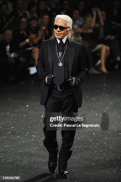 Karl Lagerfeld walks the runway during the Chanel Haute Couture Fall/Winter 2011/2012 show as part of Paris Fashion Week at Grand Palais on July 5,...