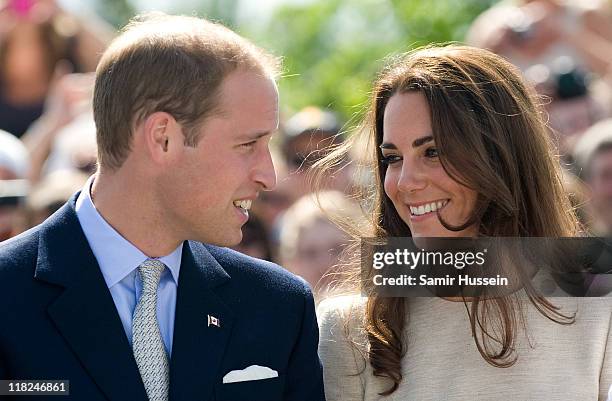 Catherine, the Duchess of Cambridge and Prince William, Duke of Cambridge visit the Somba K'e Civic Plaza on day 6 of the Royal Couple's North...