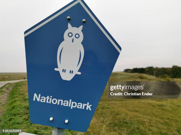 Sign with the inscription "National Park" on October 20, 2019 at Sankt-Peter-Ording, Germany. Sankt-Peter-Ording is among the top destinations for...