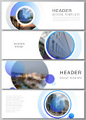 The minimalistic vector illustration of the editable layout of headers, banner design templates. Creative modern blue background with circles and round shapes.