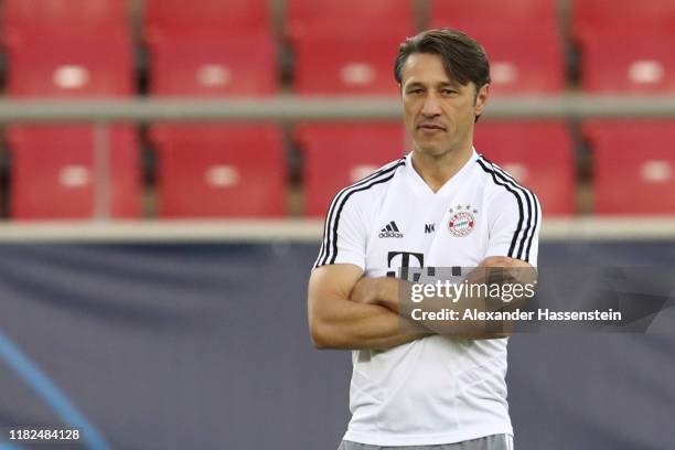 Niko Kovac, head coach of FC Bayern Muenchen looks on during a training session at Karaiskakis Stadium on October 21, 2019 in Piraeus, Greece. FC...