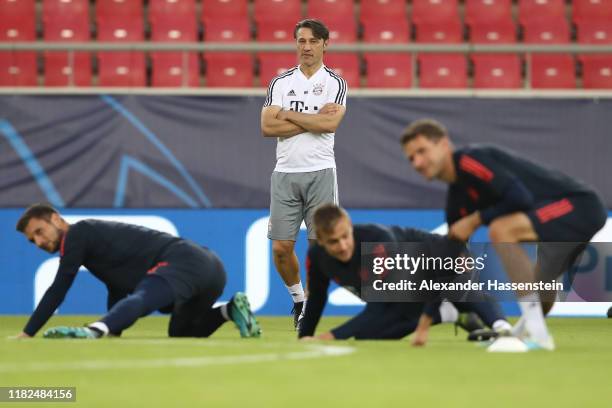 Niko Kovac, head coach of FC Bayern Muenchen looks on during a training session at Karaiskakis Stadium on October 21, 2019 in Piraeus, Greece. FC...