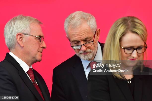 Shadow Chancellor John McDonnell, Labour leader Jeremy Corbyn and Shadow Secretary of State for BEIS Rebecca Long-Bailey address the audience at the...