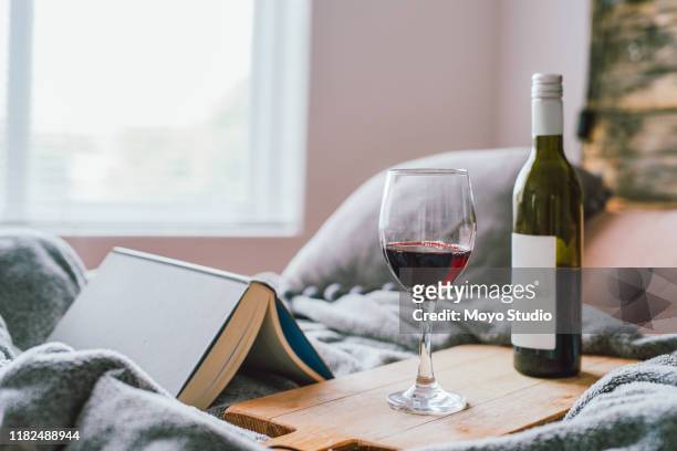 just one more chapter... - drinking alcohol at home stock pictures, royalty-free photos & images