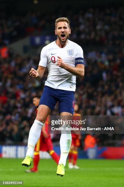 Harry Kane of England celebrates after scoring a goal to make it 2-0 during the UEFA Euro 2020 qualifier between England and Montenegro at Wembley...