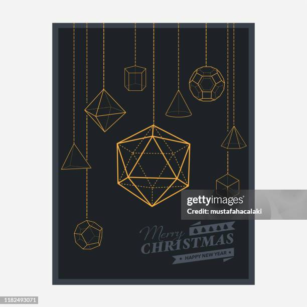 ilustraciones, imágenes clip art, dibujos animados e iconos de stock de tarjeta de navidad moderna con sólidos geométricos - cono