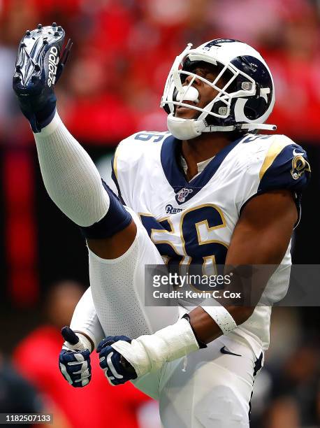 Dante Fowler Jr. #56 of the Los Angeles Rams reacts after sacking Matt Ryan of the Atlanta Falcons in the first half at Mercedes-Benz Stadium on...