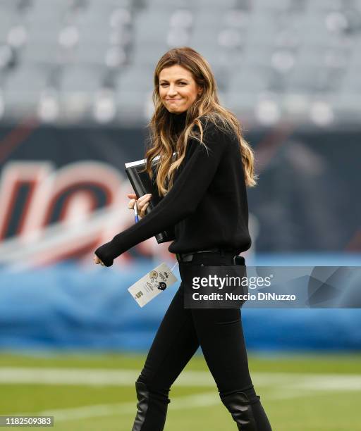 Fox Sports sideline reporter Erin Andrews walks across the field prior to the game between the Chicago Bears and the New Orleans Saints at Soldier...