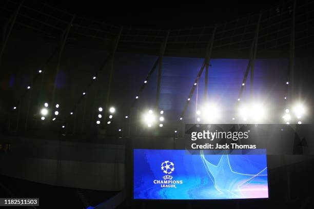 General view inside the stadium as a big screen shows the Champions League logo during a Red Star Belgrade Training Session ahead of the UEFA...