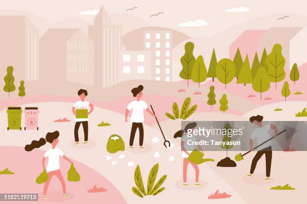 Equipo voluntario de jóvenes y mujeres están limpiando basura en el parque de la ciudad, gente pequeña, niños plantando árbol. Ilustración vectorial del concepto de voluntariado para trabajadores sociales. Plantilla de banner
