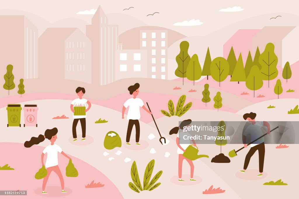Volunteer team of young man and woman are cleaning garbage on the city park, small people, children planting tree. Vector illustration of volunteering for Social workers concept. Banner template