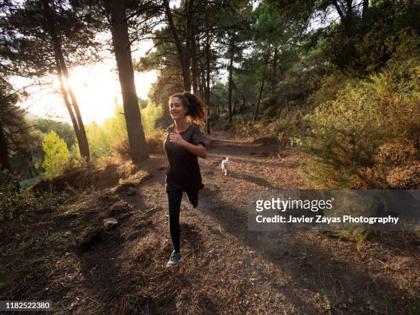 young woman running at forest at sunset with dog - läuferin stock-fotos und bilder