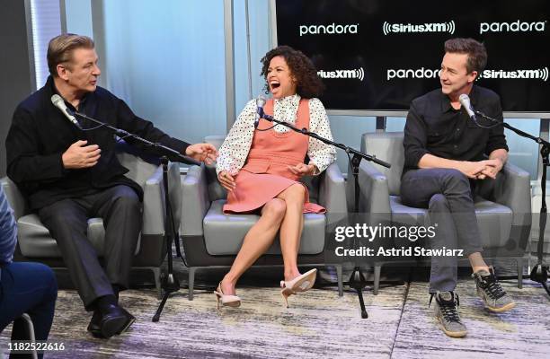 Actors Alec Baldwin, Gugu Mbatha-Raw and Edward Norton attend SiriusXM's Town Hall with the cast of "Motherless Brooklyn" on October 21, 2019 in New...