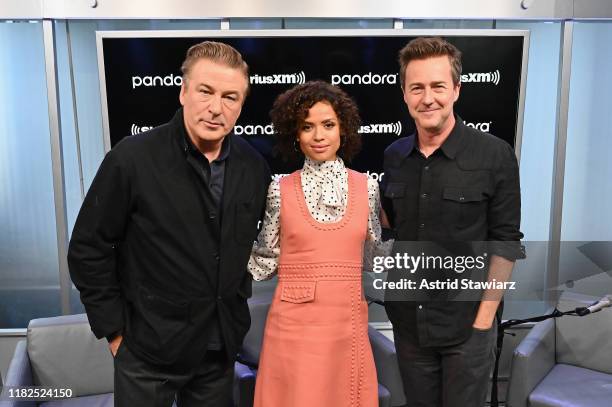 Actors Alec Baldwin, Gugu Mbatha-Raw and Edward Norton attend SiriusXM's Town Hall with the cast of "Motherless Brooklyn" on October 21, 2019 in New...