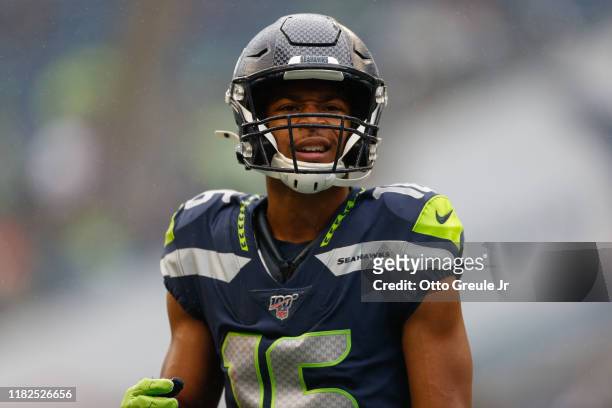 Wide receiver Tyler Lockett of the Seattle Seahawks looks on prior to the game against the Baltimore Ravens at CenturyLink Field on October 20, 2019...