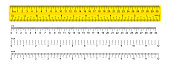 The ruler is yellow, marked in centimeters, inches and combined rectangular shapes. Graduation inch line. Vector graphics