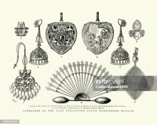 examples of victorian jewelry, 1870s - earring stock illustrations