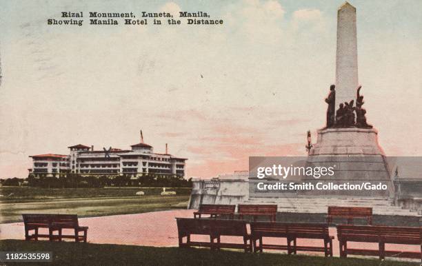 Illustrated postcard of Rizal Monument in Rizal Park, also known as Luneta Park, with Manila Hotel in the background, Manila, Luzon Island, the...