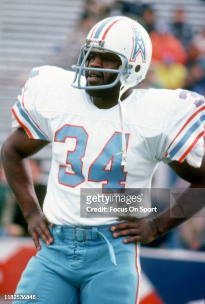 Running back Earl Campbell of the Houston Oilers looks on during pregame warm ups prior to the start of an NFL game against the New England Patriots...
