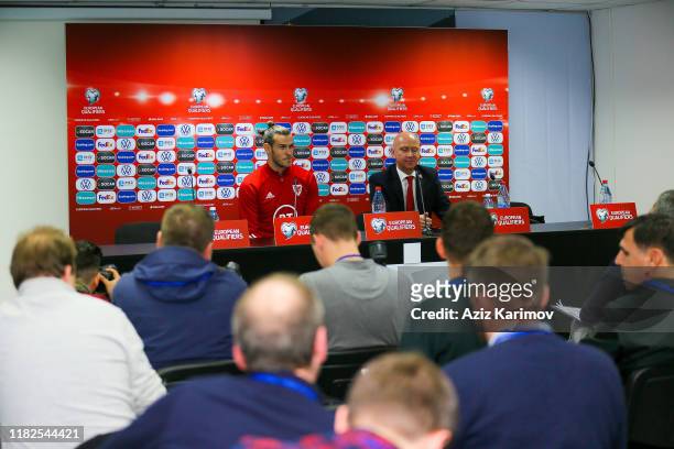 Gareth Bale of Wales speaks during a press conference before a training session on November 15, 2019 in Baku, Azerbaijan. The training session comes...
