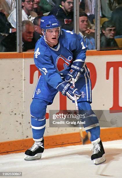 Mats Sundin of the Quebec Nordique skates against the Toronto Maple Leafs during NHL game action October 10, 1990 at Maple Leaf Gardens in Toronto,...