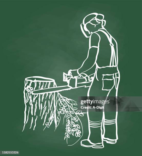 bildbanksillustrationer, clip art samt tecknat material och ikoner med tree removal service chalkboard - motorsåg