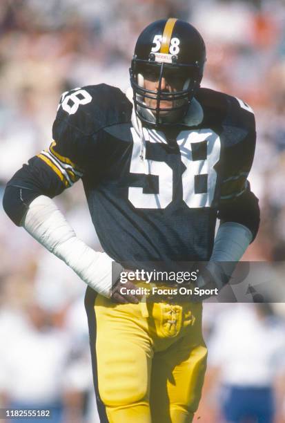 Linebacker Jack Lambert of the Pittsburgh Steelers looks on against the New England Patriots during an NFL football game September 25, 1983 at Three...