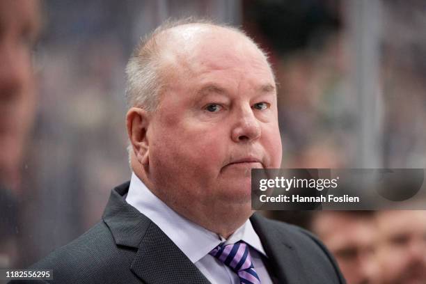 Head coach Bruce Boudreau of the Minnesota Wild looks on during the game against the Montreal Canadiens at Xcel Energy Center on October 20, 2019 in...