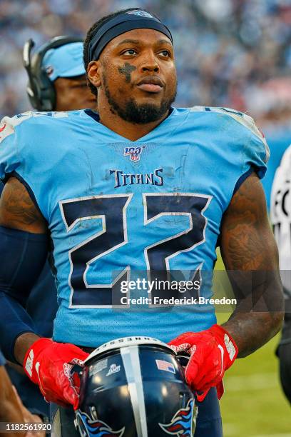 Derrick Henry of the Tennessee Titans watches from the sideline during a game against the Los Angeles Chargers at Nissan Stadium on October 20, 2019...