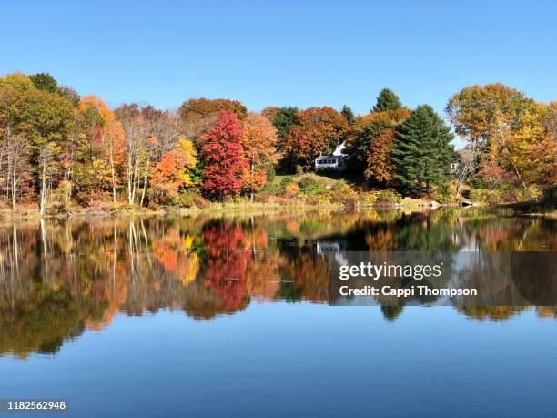 small house and autumn tree reflections near lake auburn, maine usa - auburn foto e immagini stock