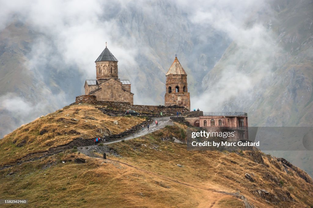 Gergeti Trinity Church under the rain, Kazbegi, Georgia