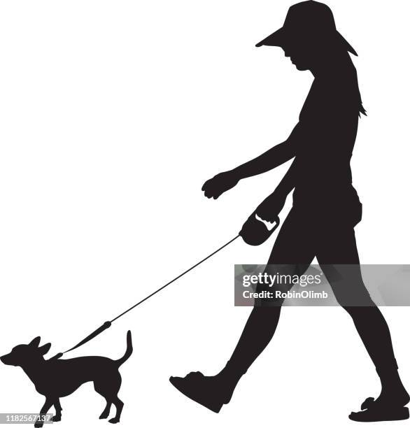 ilustraciones, imágenes clip art, dibujos animados e iconos de stock de niña caminando little dog silhouette - dog leash