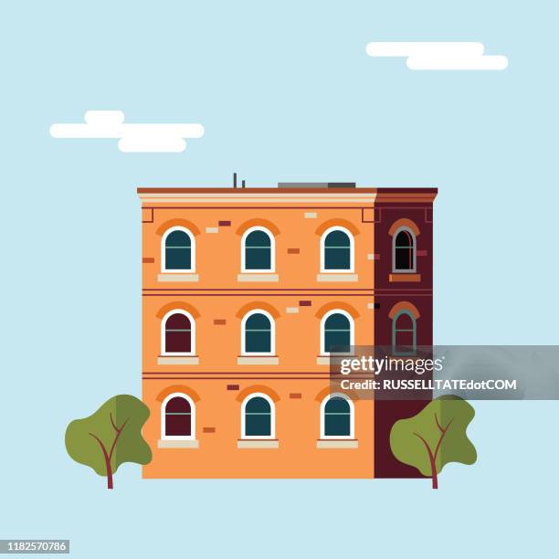 ilustrações de stock, clip art, desenhos animados e ícones de red brick appartment block - side view