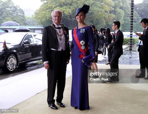 Sweden's King Carl XVI Gustaf, left, and Crown Princess Victoria arrive at the Imperial Palace to attend the proclamation ceremony of Japan's Emperor...