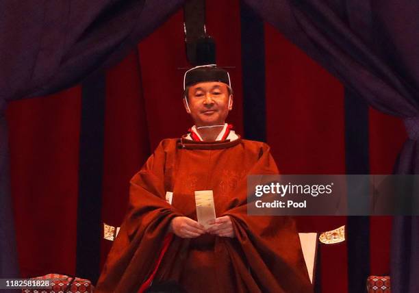 Japan's Emperor Naruhito attends a ceremony to proclaim his enthronement to the world, called Sokuirei-Seiden-no-gi, at the Imperial Palace on...