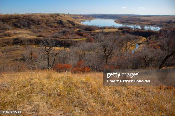 prairie landscape and south saskatchewan river - saskatchewan river stock pictures, royalty-free photos & images