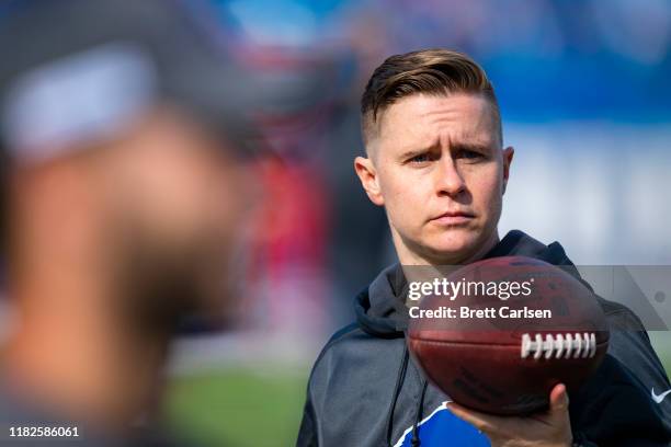 Buffalo Bills coaching intern Callie Brownson participates in warm ups before the game against the Miami Dolphins at New Era Field on October 20,...