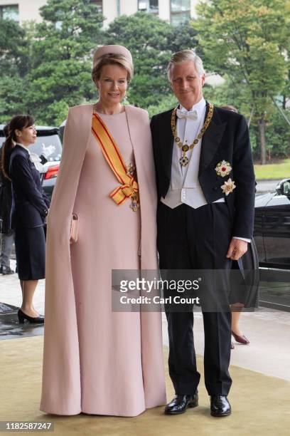 King Philippe of Belgium and Queen Mathilde of Belgium arrive to attend the Enthronement Ceremony Of Emperor Naruhito of Japan at the Imperial Palace...