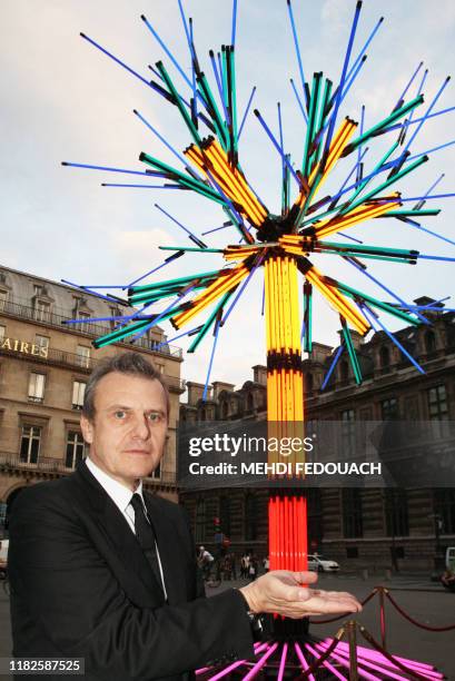 Le créateur Jean-Charles de Castelbajac pose le 25 juin 2009 sur la place du Palais-Royal à Paris devant « L'Arbre de Noé », un arbre métallique...