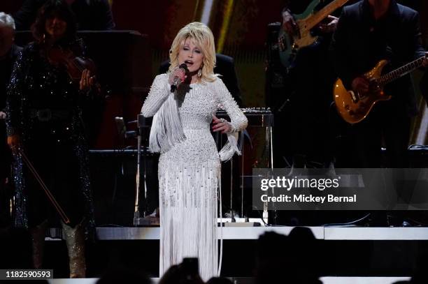 Dolly Parton performs onstage at the 53rd annual CMA Awards at the Bridgestone Arena on November 13, 2019 in Nashville, Tennessee.