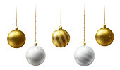 Realistic gold and  white  Christmas balls hanging on gold beads chains on white  background