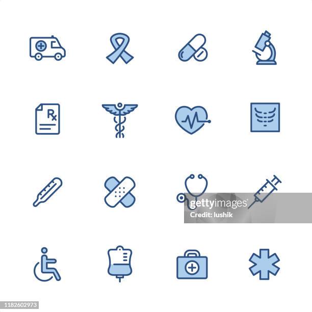 stockillustraties, clipart, cartoons en iconen met medisch-pixel perfect blauwe contour pictogrammen - aids awareness ribbon