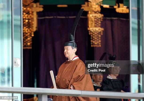 Japanese Emperor Naruhito leaves the ceremony hall after proclaiming his enthronement at the Imperial Palace on October 22, 2019 in Tokyo, Japan....